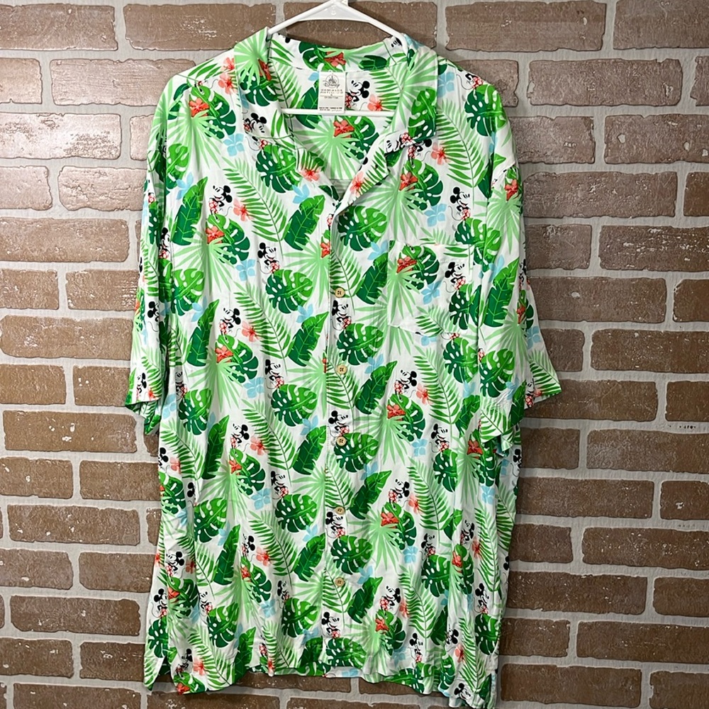 Disney Green and White Tropical Mickey Button Down Shirt